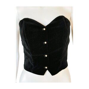 Vintage Black Velvet Bustier Top with Original Rhinestone / Glass Buttons